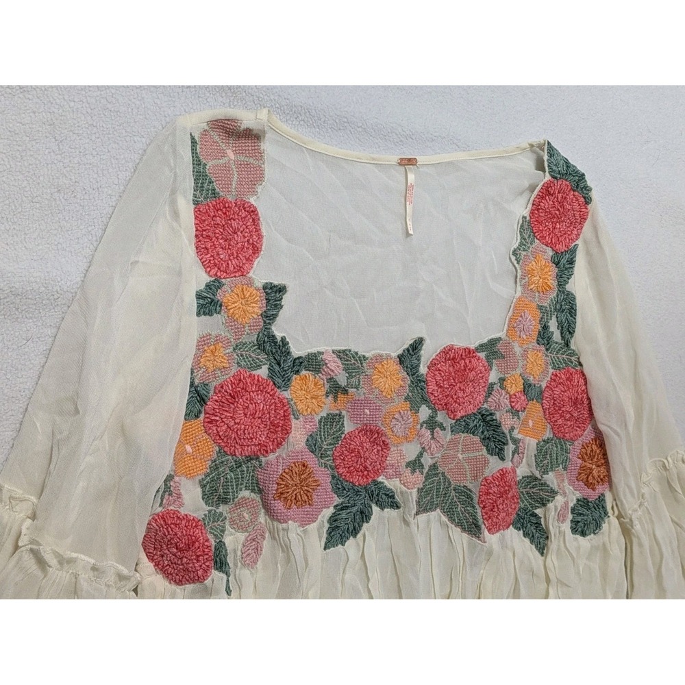 Free People Madeline Tunic Small White Embroidered Floral Bell Sleeve Fairy - Picture 3 of 10